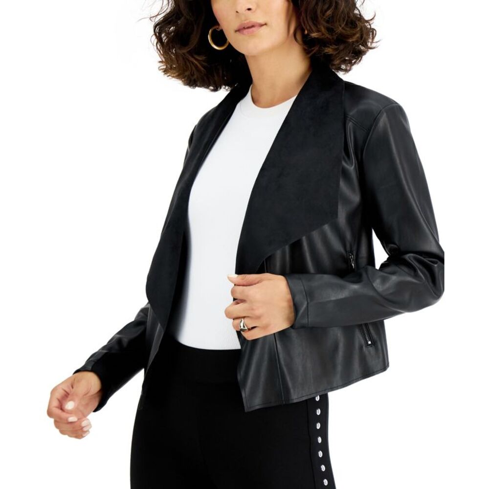 BAR III Petite Faux-Leather Flyaway Jacket